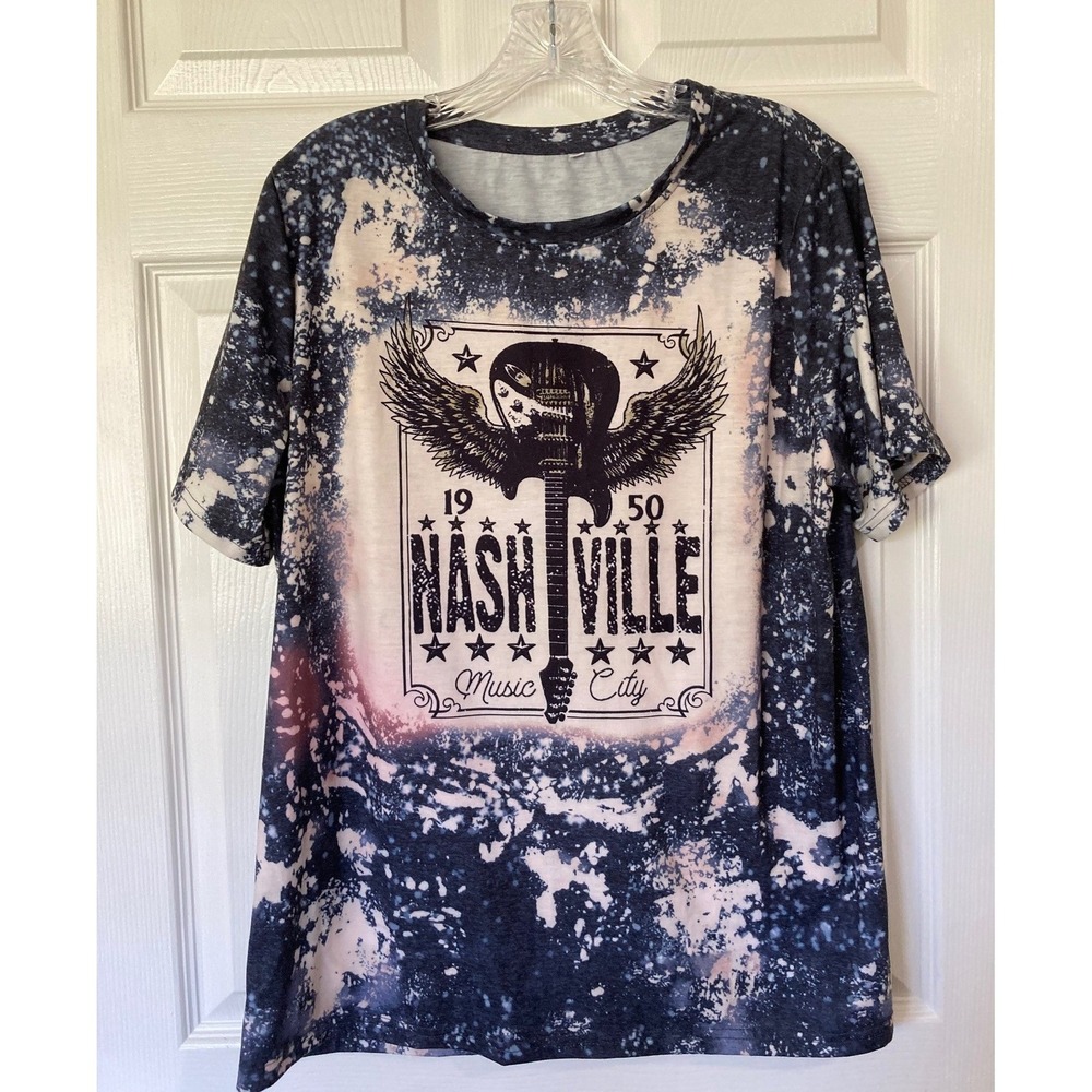 Unbranded Nashville Graphic T-Shirt Navy White XL Bleach Wash Winged Guitar